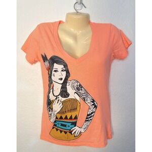 Fatal Clothing Womens Junior L V-Neck T-Shirt Peach Y2K Tattoo Graphic Crew
